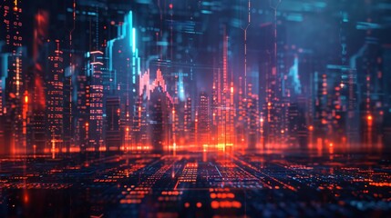 Poster - Futuristic digital cityscape with glowing lights and intricate designs, perfect for technology and sci-fi themes.