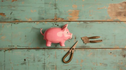 Pink piggy bank with vintage tools on a rustic wooden table, symbolizing traditional savings and financial management.