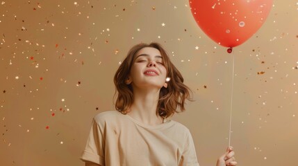Poster - A woman holds a red balloon as confetti falls around her, perfect for party or celebration scenes