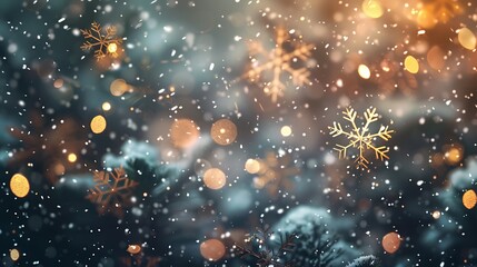 Poster - Magical winter scene with falling snow, golden lights, and snowflakes. The image evokes a sense of peace, joy, and wonder.
