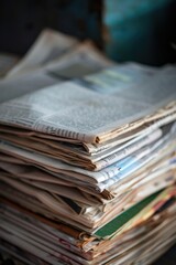 Aufkleber - A pile of newspapers stacked high on a table