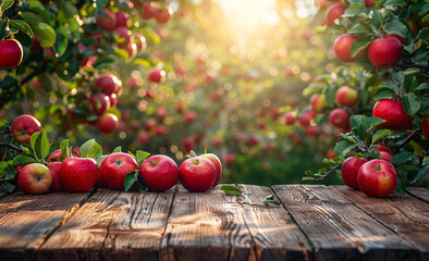 Wall Mural - A bunch of red apples are on a wooden table. The apples are ripe and ready to be picked.