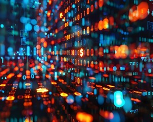 Poster - floating digital currency symbols in a glowing data matrix cyber background