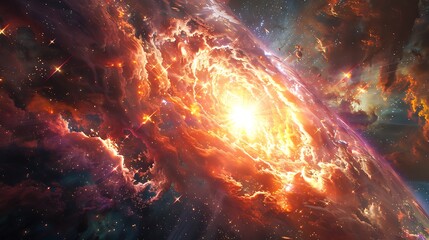 Wall Mural - vibrant depiction of a cosmic explosion, showcasing a swirling nebula with intense light and vibrant