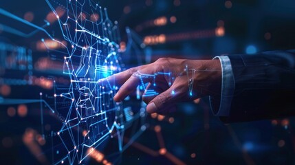 Poster - Hands touch the light points towards the technology network and interconnected lines. Symbolizing the concept of digital transformation, blockchain technology, and the future network.