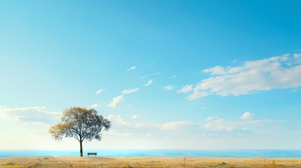 A serene landscape featuring a solitary tree under a vast blue sky, evoking tranquility and natural beauty.