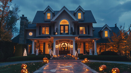 Luxurious suburban private country house decorated for Halloween