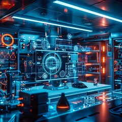 Poster - futuristic high tech research lab with holographic displays and advanced equipment cyber background 