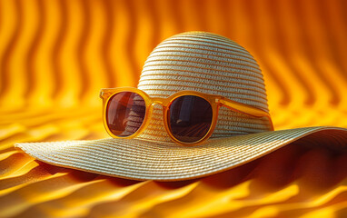 Wall Mural - A straw hat with sunglasses on top of it