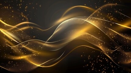 Poster - abstract with golden waves, a sparkle texture and light effect on a black background.