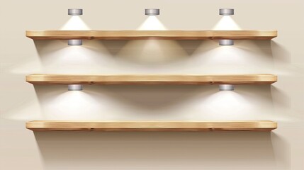 Wall Mural - Accurate wooden retail shelves featuring wall mounting, lighting, and spotlights. Product shelf empty, grocery wall rack empty. Furniture, bookshelves, mall and supermarket. Interior design.