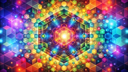 Poster - Dazzling abstract background featuring vibrant colorful circles, triangles, and hexagons in a mesmerizing geometric pattern, creating a stunning visual explosion of color and energy.