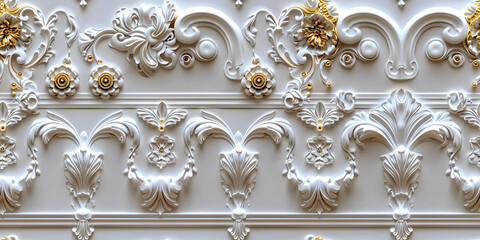 Poster - Seamless 3D elements of White and Golden luxury design Baroque Classical Relief Panel on Wall. Refined Gothic-inspired Stucco Molding With Floral Motifs. A Marble Carving in Late Ottoman Style.