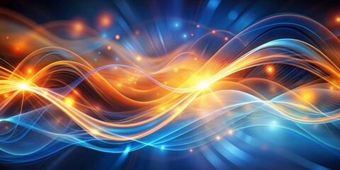 Poster - Vibrant blue and orange waves of light undulate and swirl in mesmerizing abstract patterns on a soft, blurred background, evoking a sense of dynamic energy.