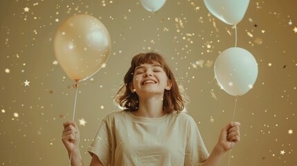 Poster - A woman holds two white and gold balloons, a symbol of celebration and joy