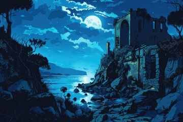 Ancient castle ruins near a lake on a bright moonlit night