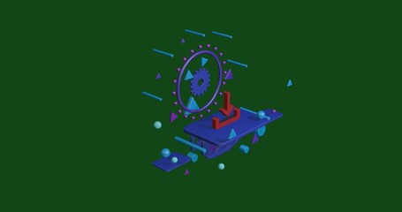 Poster - Red download symbol on a pedestal of abstract geometric shapes floating in the air. Abstract concept art with flying shapes in the center. 3d illustration on green background