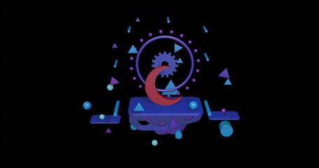 Poster - Red moon symbol on a pedestal of abstract geometric shapes floating in the air. Abstract concept art with flying shapes in the center. 3d illustration on black background