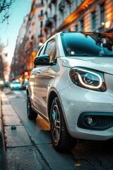 Poster - A white car is parked on the side of a busy city street, waiting for its owner to return