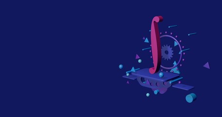 Poster - Pink integral symbol on a pedestal of abstract geometric shapes floating in the air. Abstract concept art with flying shapes on the right. 3d illustration on indigo background