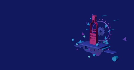 Poster - Pink the world in a bottle symbol on a pedestal of abstract geometric shapes floating in the air. Abstract concept art with flying shapes on the right. 3d illustration on indigo background
