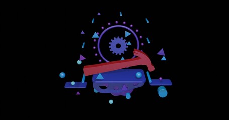 Poster - Red hammer symbol on a pedestal of abstract geometric shapes floating in the air. Abstract concept art with flying shapes in the center. 3d illustration on black background