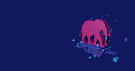 Poster - Pink elephant on a pedestal of abstract geometric shapes floating in the air. Abstract concept art with flying shapes on the right. 3d illustration on indigo background