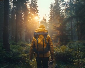 Poster - A Hiker s Journey Through the Enchanting Forest at Dawn Symbolizing New Experiences and Embracing the Energy of Beginnings