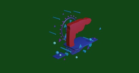Poster - Red electric drill symbol on a pedestal of abstract geometric shapes floating in the air. Abstract concept art with flying shapes in the center. 3d illustration on green background
