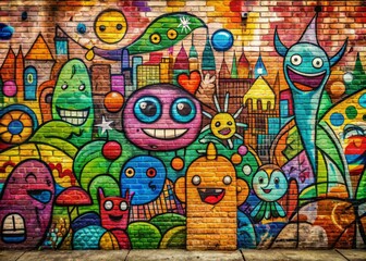  Vibrant graffiti artwork adorns a worn, scratched brick wall in a urban setting, featuring colorful doodles, shapes, and lines that add a splash of personality.