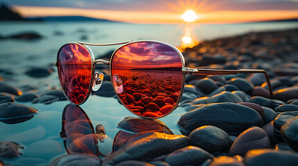 Poster - sunglasses on the evening beach at sunset