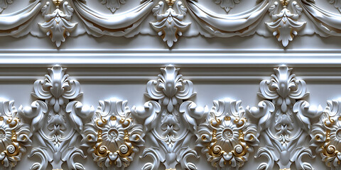 Wall Mural - Seamless 3D elements of White and Golden luxury design Baroque Classical Relief Panel on Wall. Refined Gothic-inspired Stucco Molding With Floral Motifs. A Marble Carving in Late Ottoman Style.