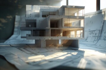 Poster - A model of a building sitting on a blueprint, perfect for architectural designs or office settings