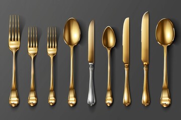 Poster - Set of flatware with silver and gold accents on a gray background, great for showcasing dinnerware or table settings