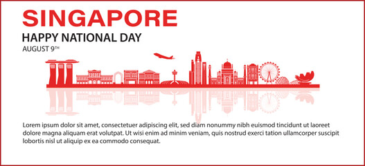 Wall Mural - Print  Singapore skyline with a red color scheme and a greeting for Singapore's National Day on August 9th. The design includes iconic landmarks and a plane flying overhead, symbolizing celebration