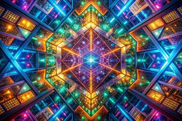 Poster - Vibrant geometric mosaic of neon-lit squares and triangles explodes in kaleidoscopic fractal patterns, evoking a futuristic urban landscape of digital dreams and abstract harmony.
