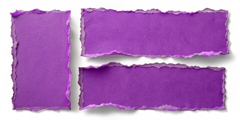 A trio of torn purple paper edges with rough, frayed corners and curved shapes, isolated on a transparent background with subtle shadows and texture.