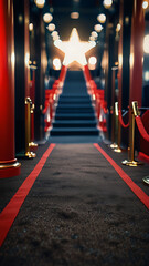 Luxurious and elegant red carpet staircase with smoke and spotlights, holiday awards ceremony event