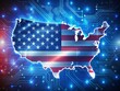 © Sirinporn - Vibrant American flag-inspired graphic with glowing blue map of the United States, surrounded by futuristic digital circuitry and streaks of light, conveying election energy.