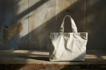 Poster - A simple still life image of a white bag sitting on a wooden table