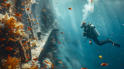 Canvas Print - Underwater of a Shipwreck Teeming with Diverse Marine Life