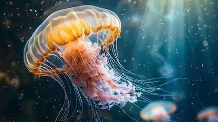 Canvas Print - Mesmerizing Jellyfish Floating in the Serene Deep Blue Sea Illuminated by Sunlight