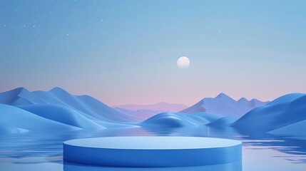 Wall Mural - A blue and white landscape with a large body of water and a small, round