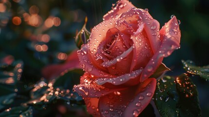 Poster - Close-up of a pink rose with water droplets glistening on its petals, suitable for use in designs and compositions related to nature, beauty, and simplicity