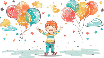 Happy boy with colorful balloons and confetti. Hand drawn vector illustration.