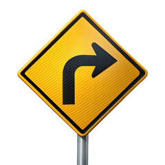 Right turn traffic sign on white background, emphasizing road direction and safety