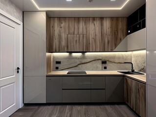 Sticker - A kitchen with a white door and wooden cabinets. The cabinets are made of wood and the countertops are made of granite. The kitchen has a modern design with a white color scheme