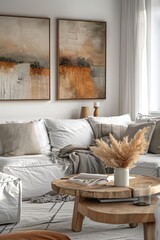 Poster - A cozy living room with a white couch, coffee table and other furniture, ideal for home decor and interior design