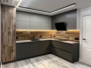 Sticker - A kitchen with a wood paneled wall and a black stove. The kitchen is very modern and clean