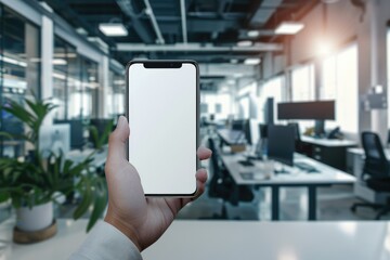 Aufkleber - A person holds up their smartphone in a modern office setting